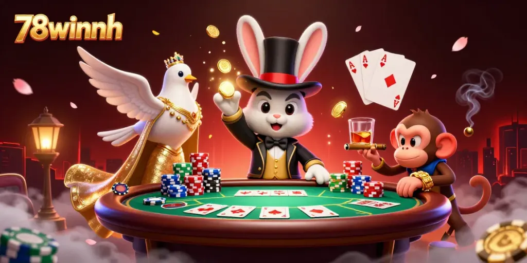 Engage in thrilling games at 78winnh with dynamic characters in action, showcasing a vibrant casino atmosphere.