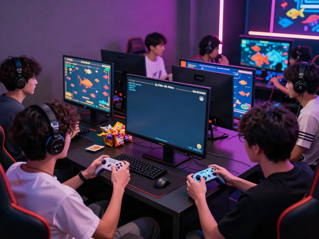 Players engaged in "lại là Bắn cá đổi thưởng," with colorful animations and snacks in a vibrant gaming environment.