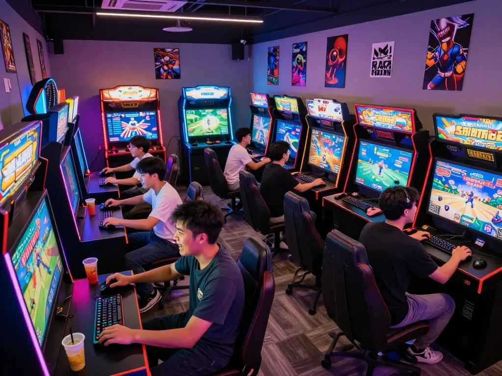 Exciting gaming atmosphere at www.mantra88.com with players immersed in vibrant arcade experience