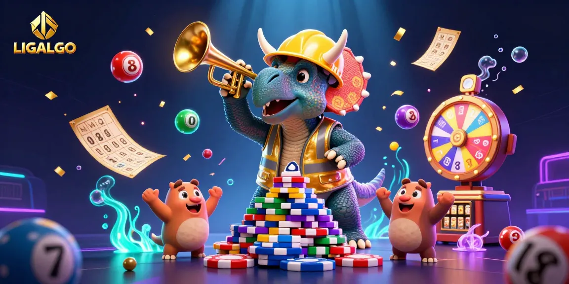 LIGALGO showcases a festive scene with playful characters building a poker chip pyramid amidst vibrant casino elements.