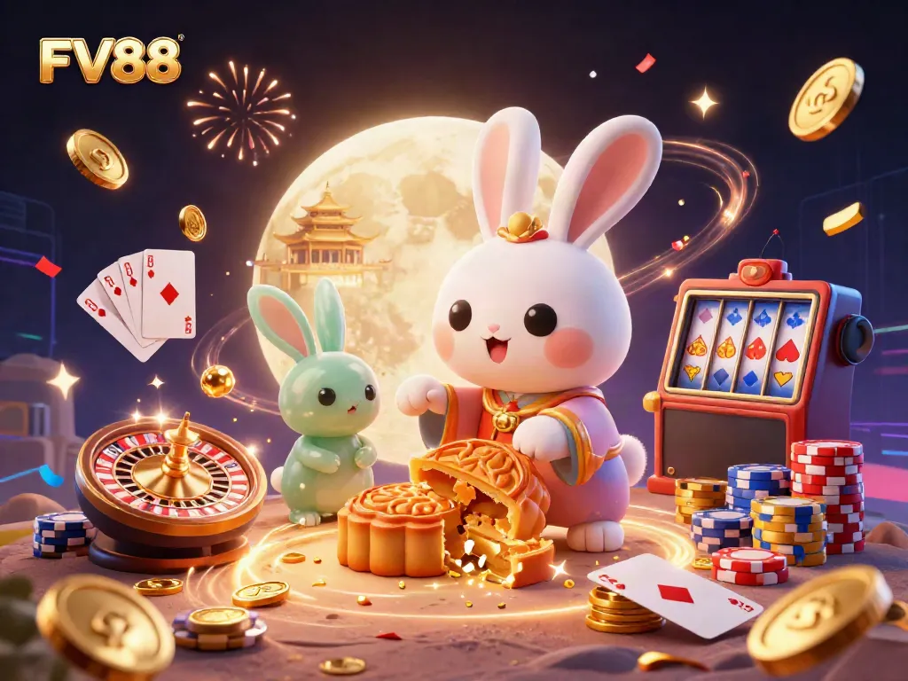 Experience exciting casino gaming with FV88 as the moon rabbit reveals poker treasures amidst dazzling rewards.