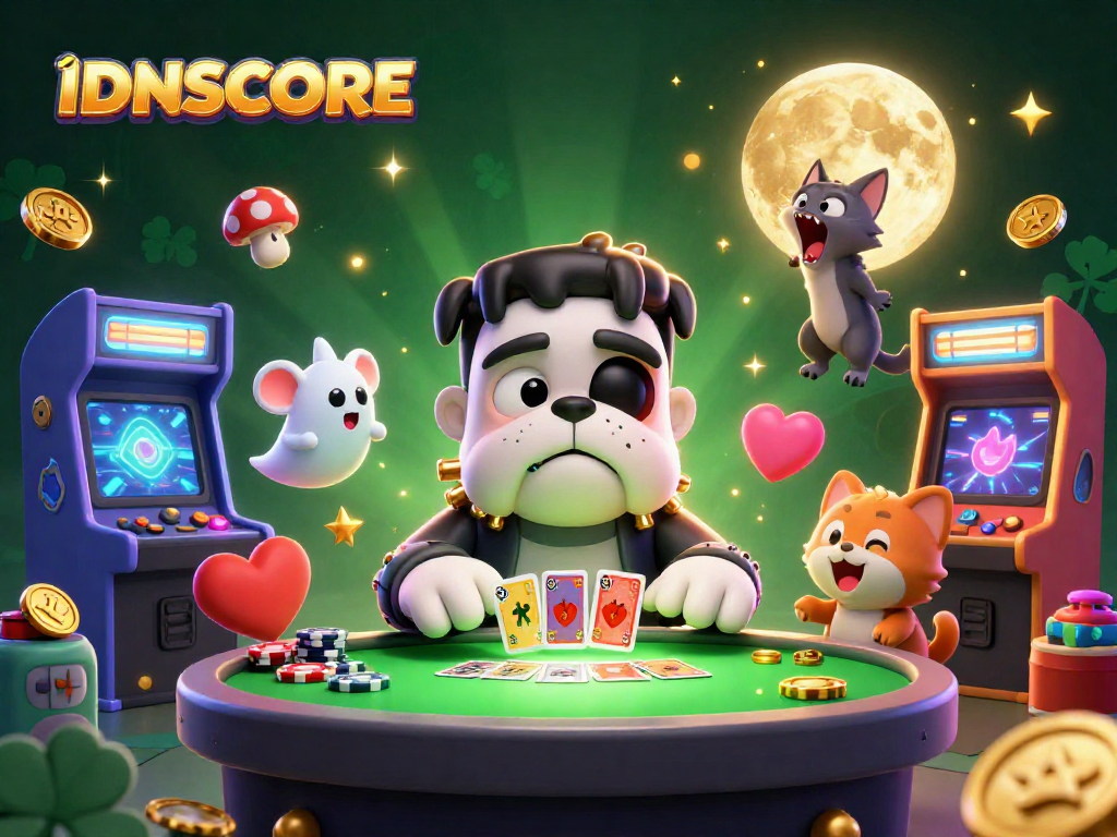 IDNSCORE showcases thrilling slots with a cartoon Frankenstein bulldog dealing cards surrounded by vibrant gaming elements.