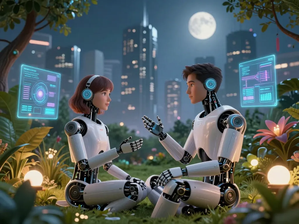 AI sex robots engaging in conversation in a futuristic digital landscape with holographic data visualizations.