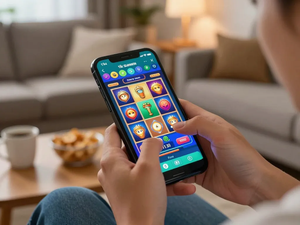 TẢI SUNWIN app user enjoying immersive online slot gaming experience on smartphone at home