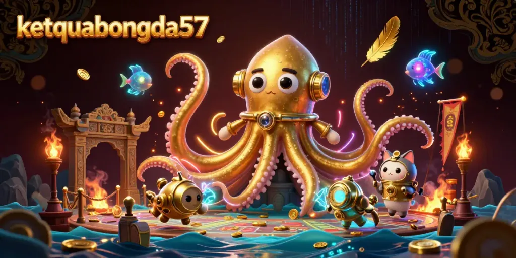 Experience exciting gambling adventures with ketquabongda57's vibrant 3D kraken and diving cat scene.