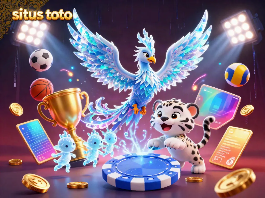 Exciting scene of the situs toto universe featuring a lively ice phoenix, playful snow leopard, and sparkling gaming elements.