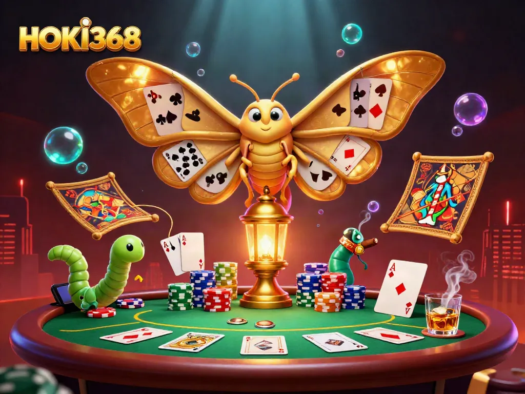 Experience the vibrant casino world of HOKI368 with golden moths and poker elements.