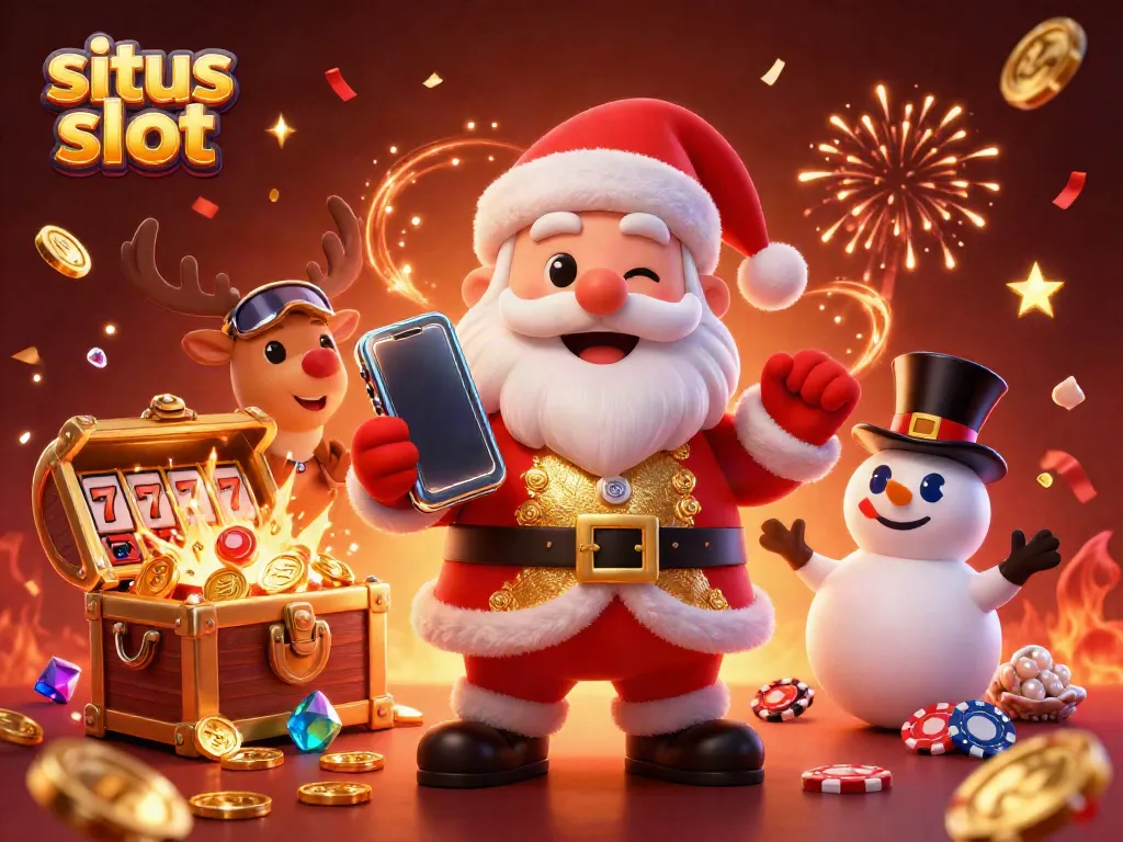 Experience the excitement of situs slot with Santa Claus and friends celebrating jackpots amidst vibrant casino elements.