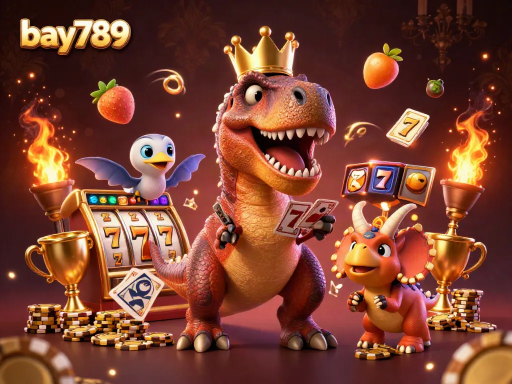 Catch the excitement of bay789 with a vibrant illustration of a dinosaur-themed casino scene packed with dynamic slot elements.
