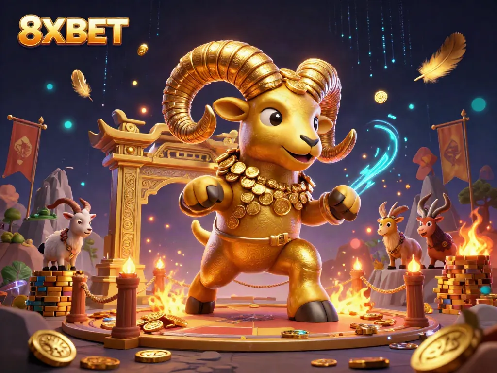 Experience thrilling gameplay at 8XBET, featuring a golden ram charging through a vibrant gambling arena.