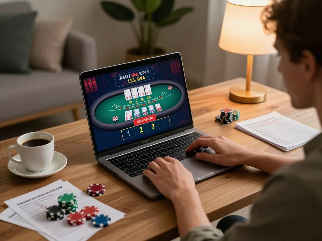 fun88 user engaging in exciting online gaming on a laptop, showcasing dynamic blackjack action and cozy home ambiance.