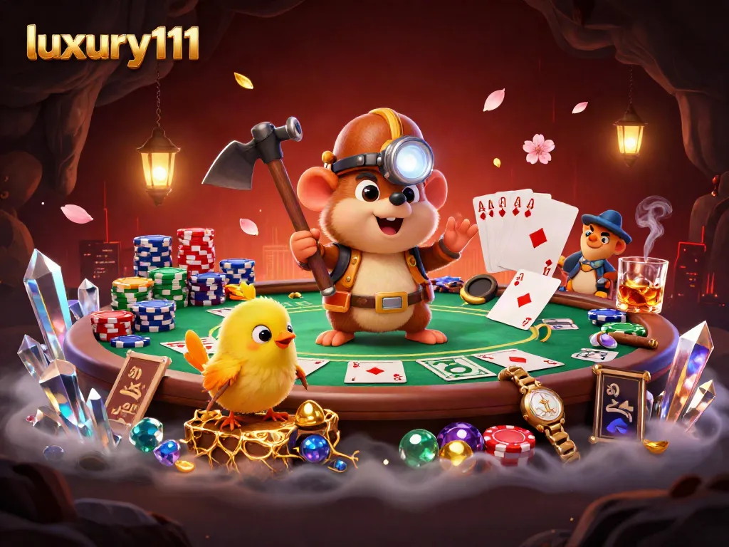 Engage in luxury111 gaming with this vibrant illustration of a treasure hunter mole and poker action.