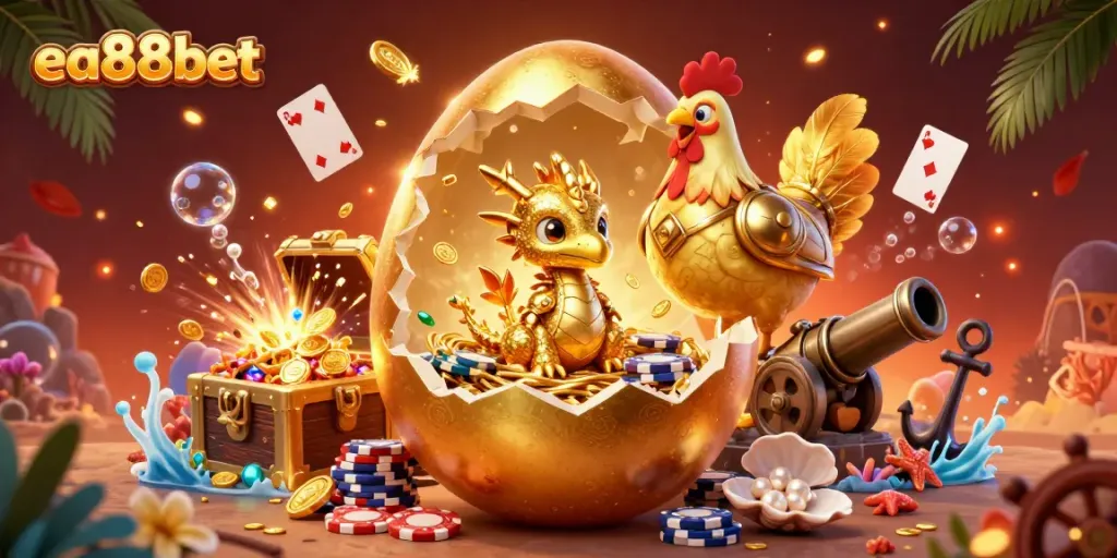 Engage with the exciting world of ea88bet featuring a golden dragon amidst poker chips and casino elements.
