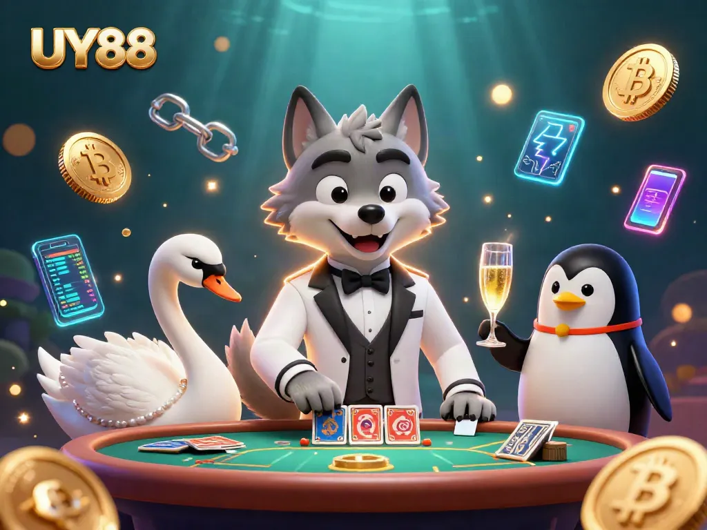 Experience thrilling gameplay at UY88 with a lively casino scene featuring whimsical characters.