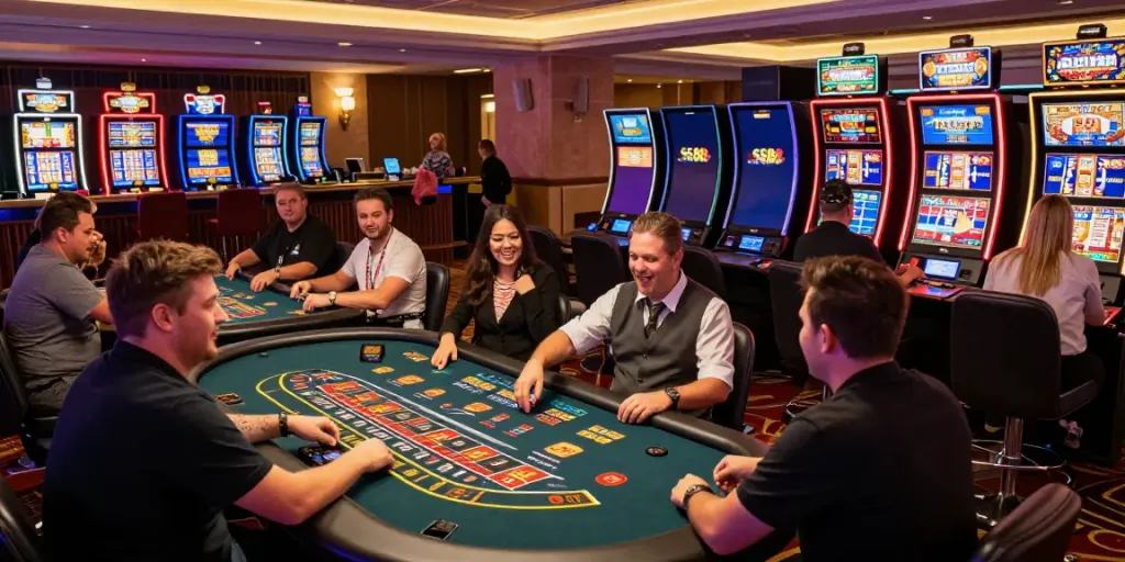 Vibrant five88 online casino scene with players enjoying live games and colorful slot machines.