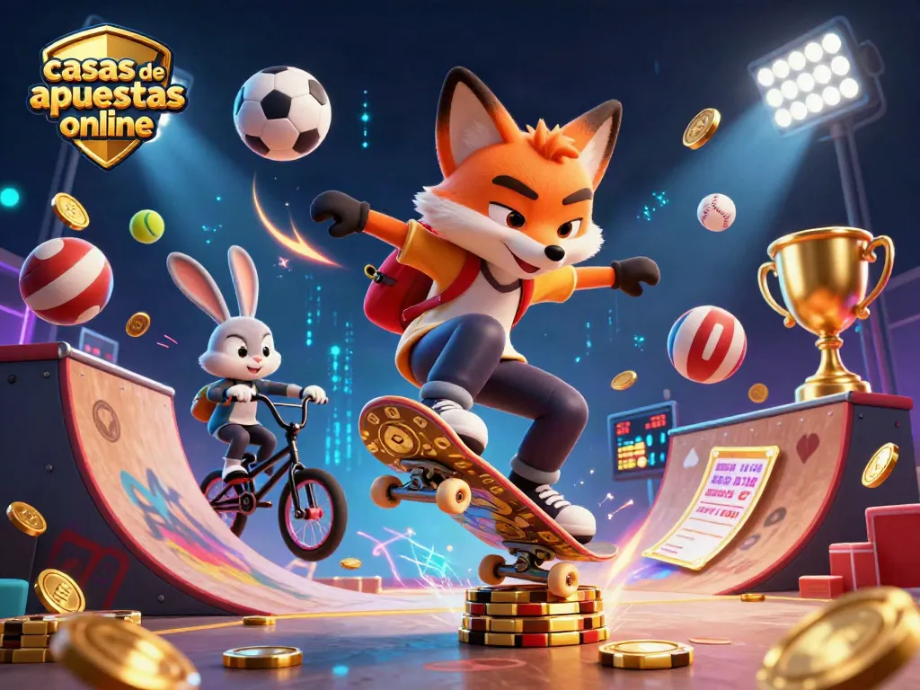 Las casas de apuestas online ofrecen acción dinámica con un zorro patinador haciendo un truco y elementos de deportes.
