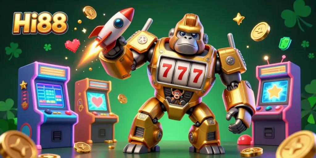 Experience thrilling action in Hi88 with a golden mech unleashing coins while surrounded by arcade elements.