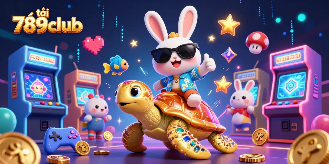 Play and win at tải 789club with an adorable lucky rabbit and golden sea turtle in a vibrant casino setting.