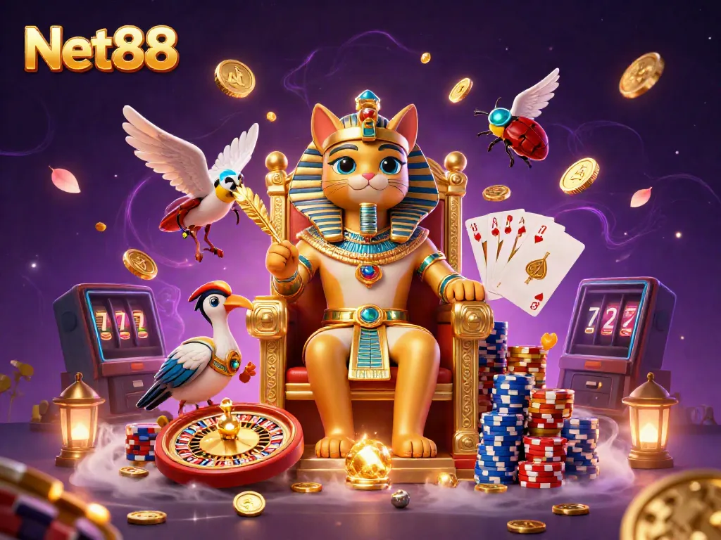 Experience the thrill of gambling with Net88, showcasing an Egyptian-themed casino scene in vibrant detail.