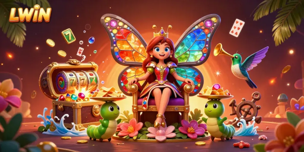 LLWIN presents a vibrant 3D illustration featuring a butterfly queen and vibrant casino elements, perfect for online gambling.