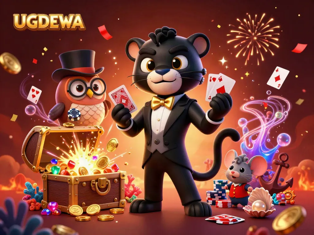 A stylish 3D cartoon black panther deals cards at UGDEWA, surrounded by vibrant casino elements like poker chips and treasure.