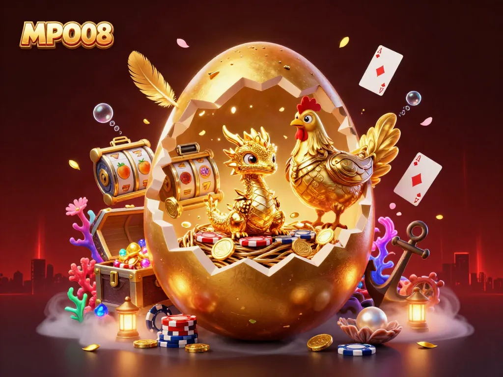MPO08 illustration featuring a golden dragon with poker chips, vibrant slots, and a treasure chest explosion, conveying casino excitement.