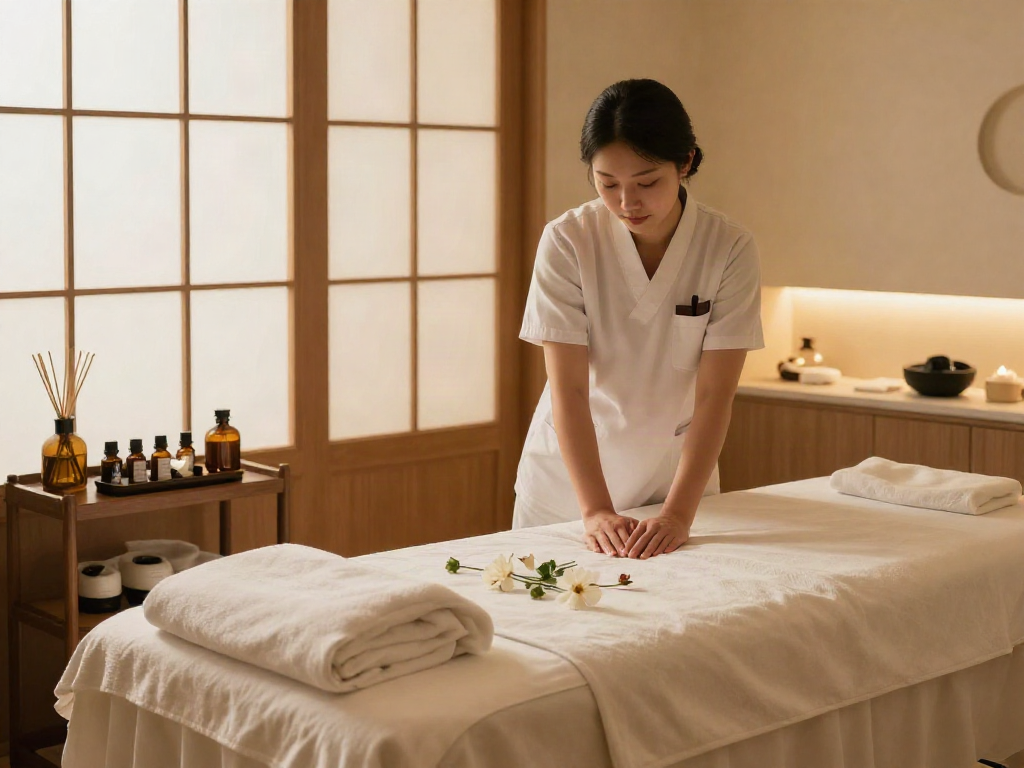 Experience 강동구출장마사지 in a serene spa setting with calming light and floral accents, perfect for relaxation.