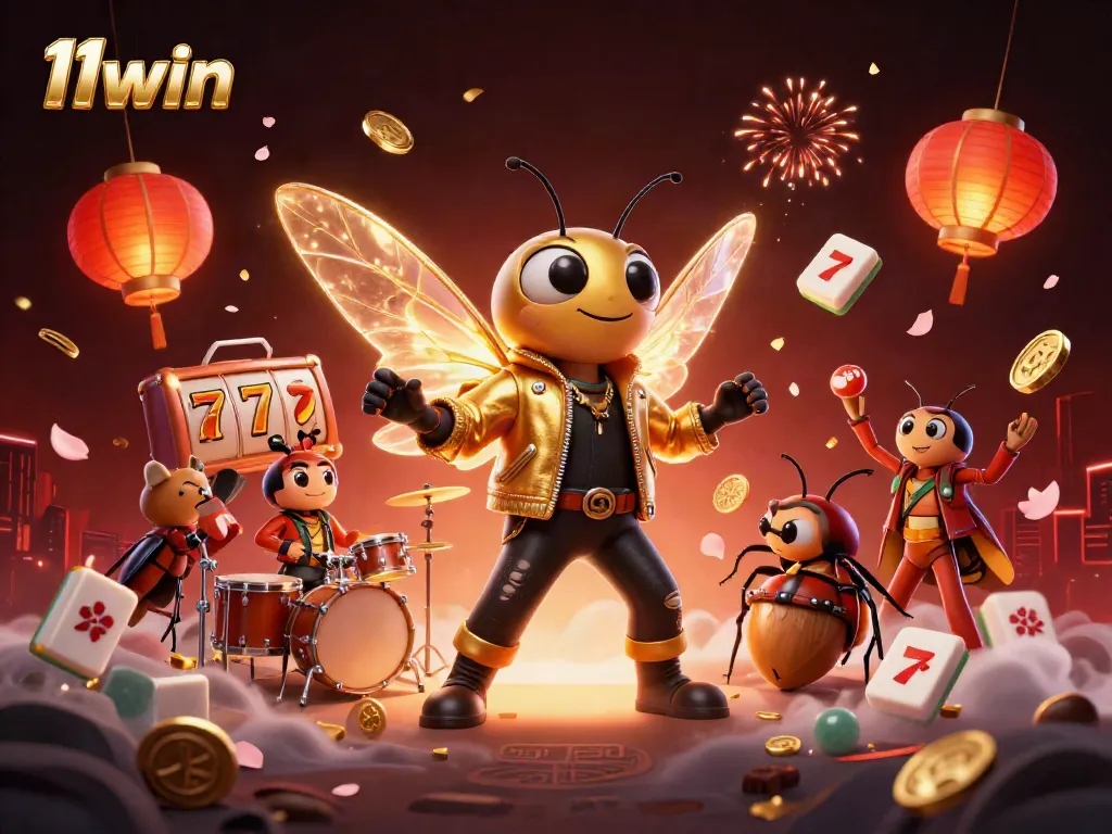 Engage in thrilling gameplay at 11win with a vibrant casino scene featuring 3D characters and slot elements.