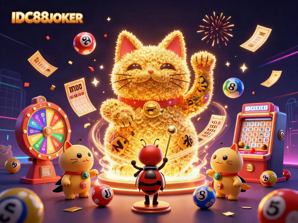 Experience thrilling wins with IDC88JOKER's vibrant casino adventure featuring a lucky cat.