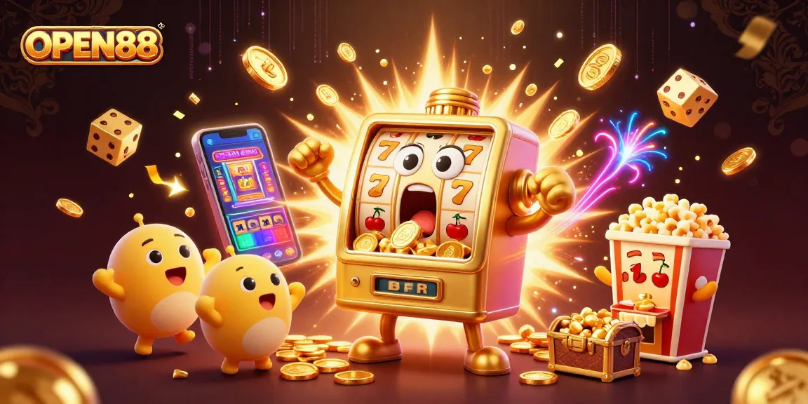 Spin big wins at OPEN88 with an exciting illustration of a golden slot machine celebrating jackpots!