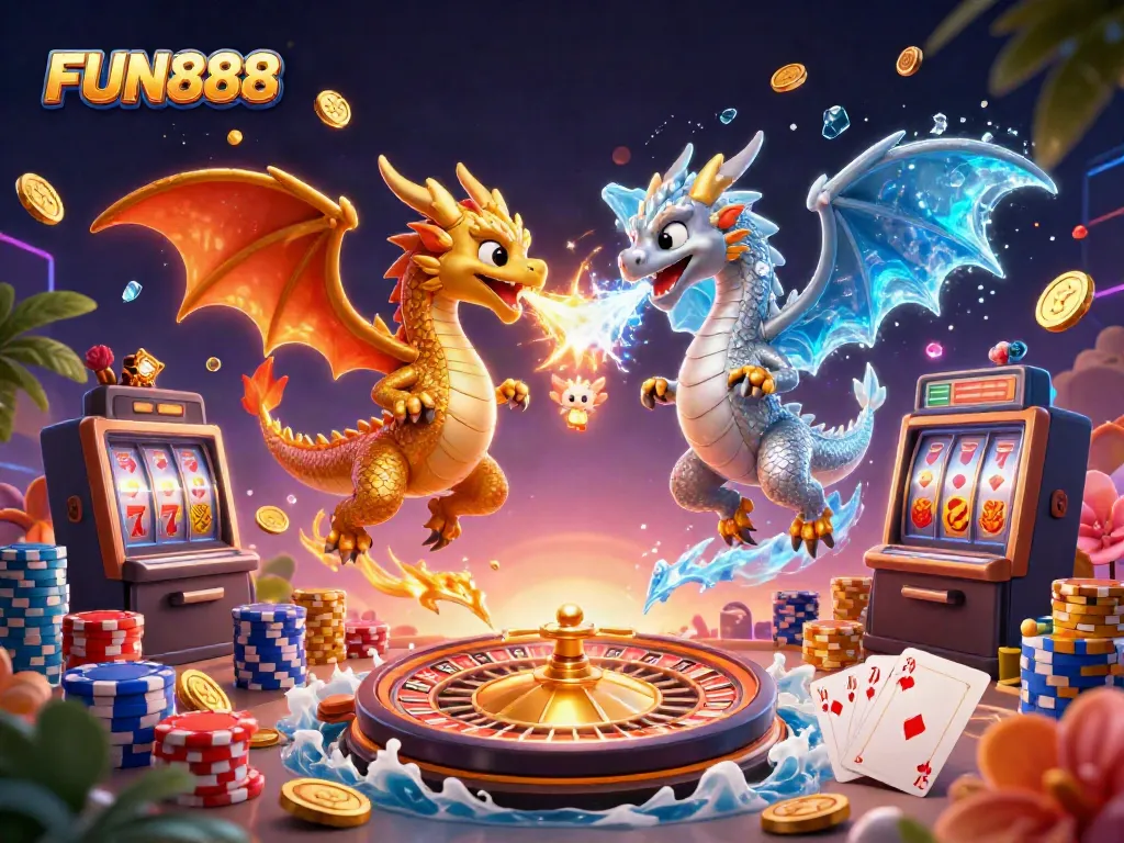 Experience the thrill of FUN888 with twin dragons and casino elements soaring through a vibrant illustration.
