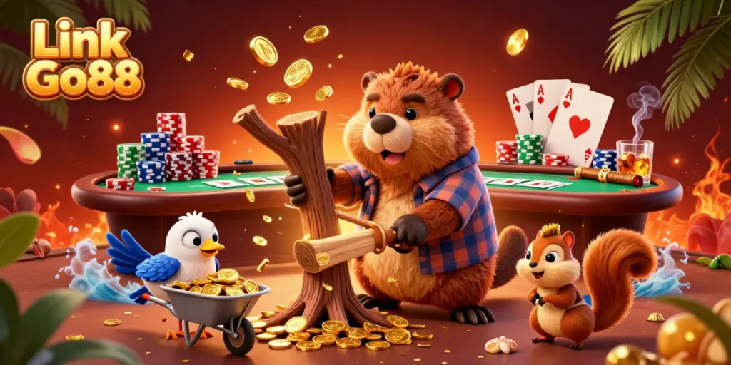 Experience excitement with Link Go88 as cartoon characters celebrate gold coins in a vibrant casino.
