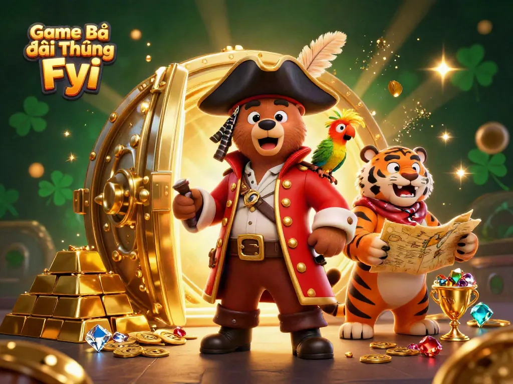 Game Bài Đổi Thưởng Fyi showcases a 3D pirate captain bear and tiger in a vibrant casino-themed scene.