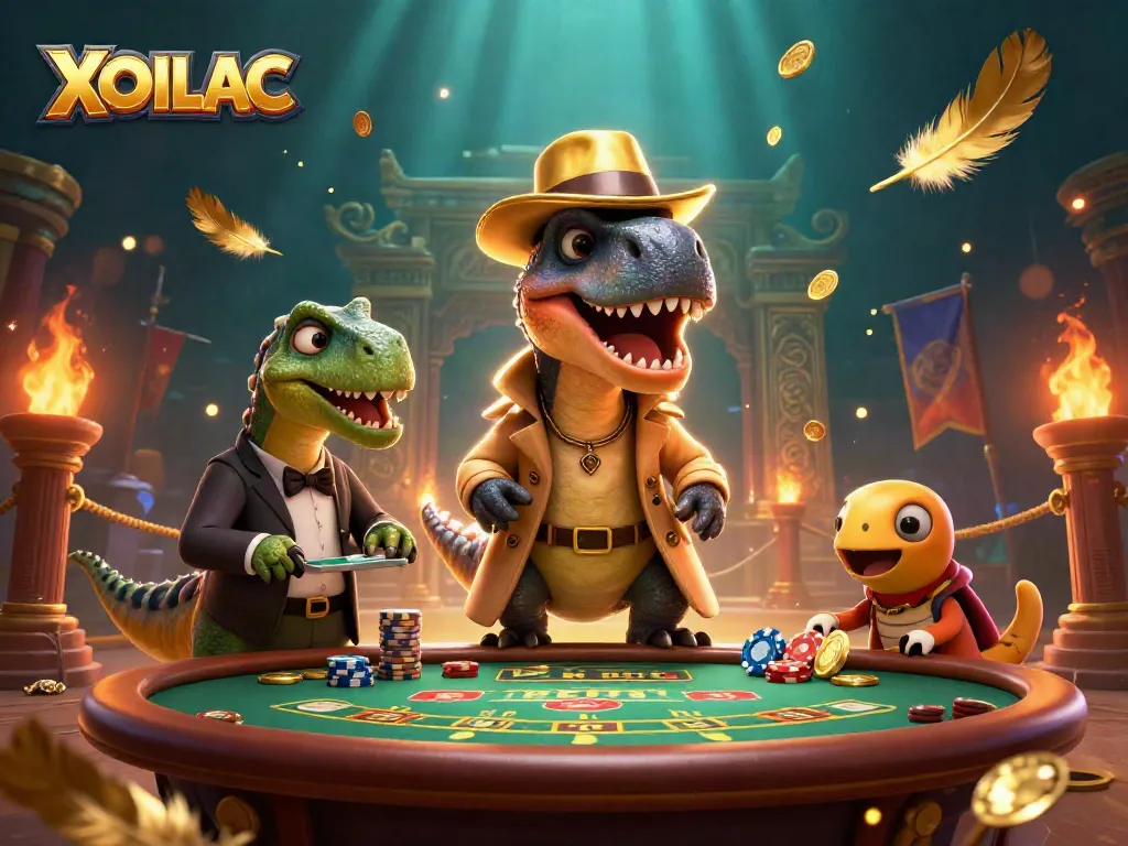 Enjoy thrilling gameplay at XOILAC with a vibrant scene of colorful dinosaurs enjoying casino fun.