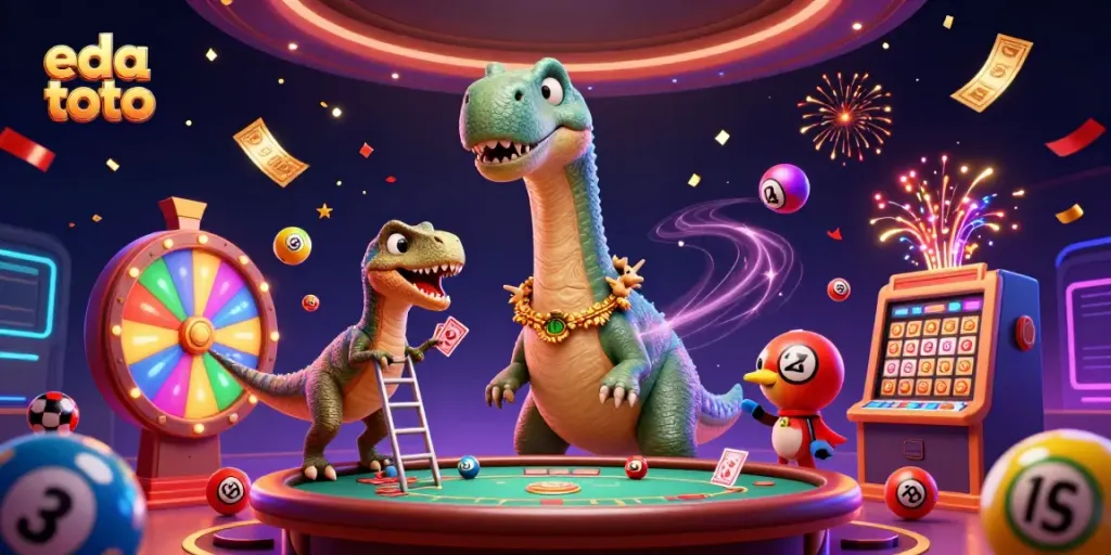 Experience the thrilling world of eda toto with engaging cartoon characters in a vibrant casino scene.