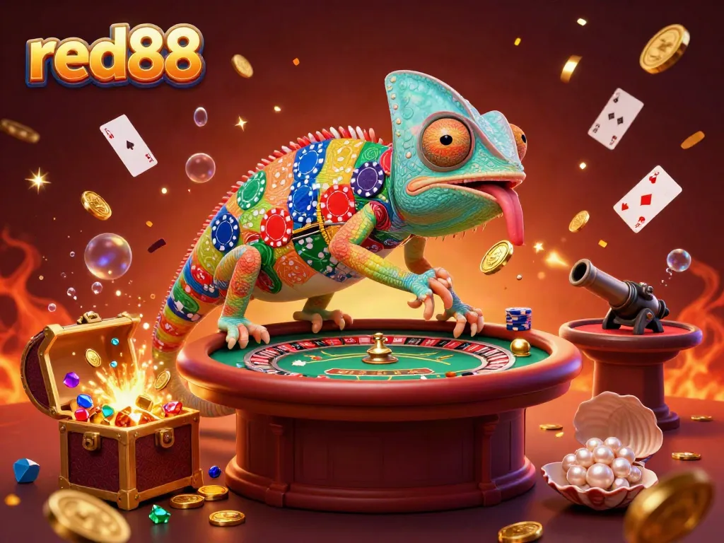 Experience the thrilling world of red88 with a vibrant chameleon casino owner amidst a dynamic casino scene.