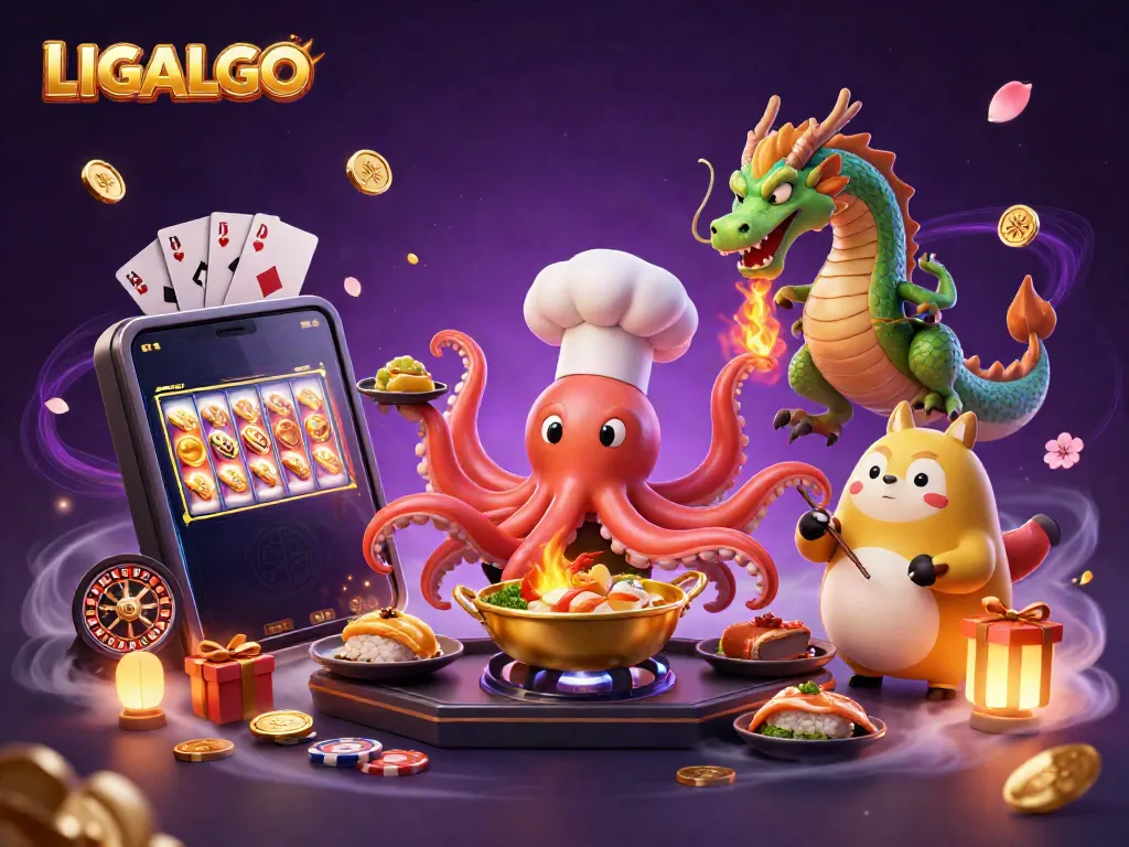 Engage in top-class gaming with LIGALGO as a sushi chef octopus creates culinary delights amidst dynamic casino elements.