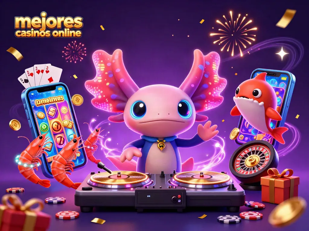 Explora los mejores casinos online con una vibrante ilustración 3D de un DJ axolotl y juegos de azar.