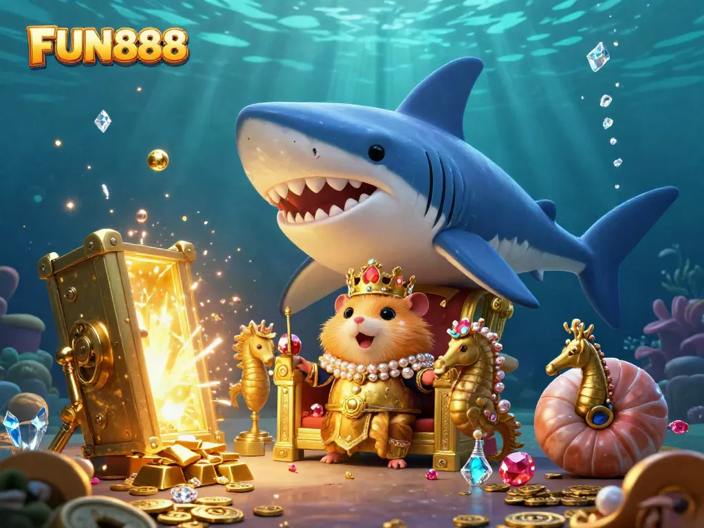 Enjoy the vibrant FUN888 underwater scene with a hamster king and treasure elements overflowing with excitement.