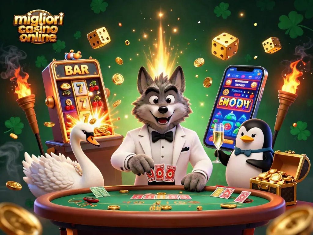 Gioca nei migliori casino online mentre un lupo elegante e un cigno distribuiscono carte, con bobine e jackpot esplosivi