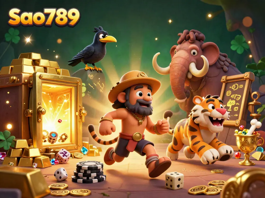 Sao789 presents a vibrant prehistoric casino scene with a caveman, sabertooth tiger, and crow amidst treasures.