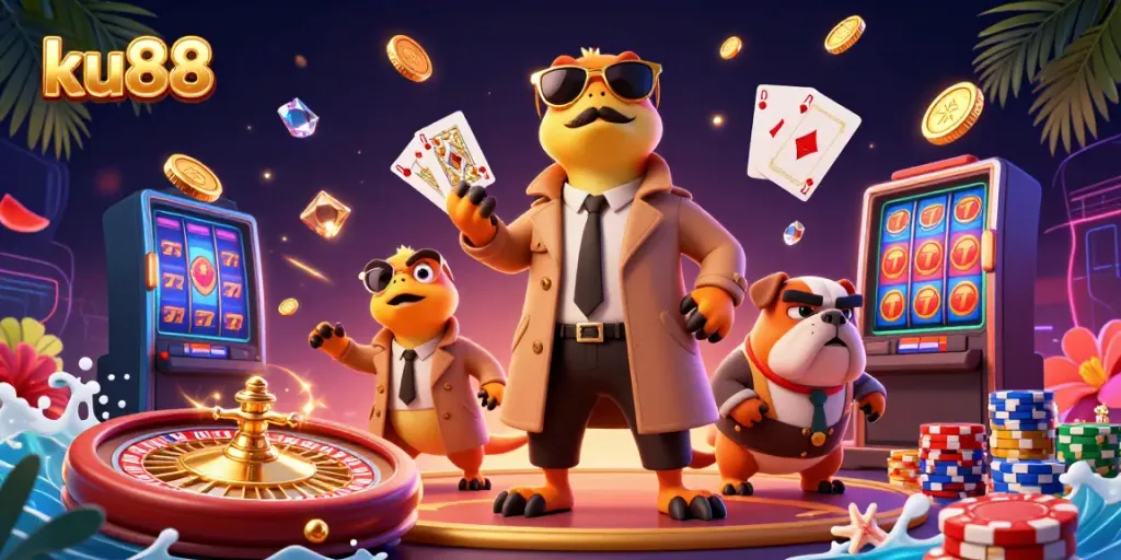 Experience the thrill of ku88 with raptors at a VIP casino lounge, dynamic gaming scene.