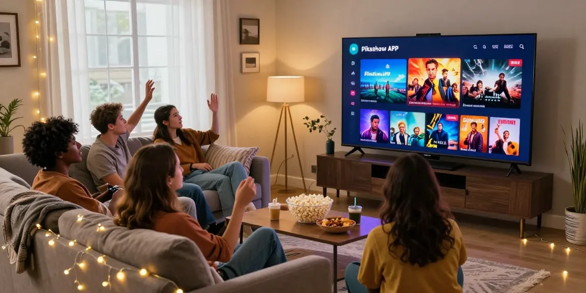 Pikashow APK interface on smart TV with friends enjoying movies in cozy living room, showcasing vibrant entertainment.