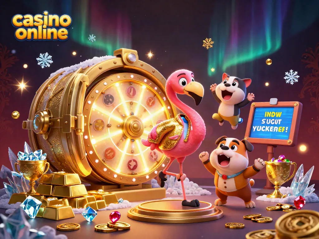 Gira la rueda gigante de casino online con un flamingo presentador, un bulldog emocionado y un gato que revela premios.