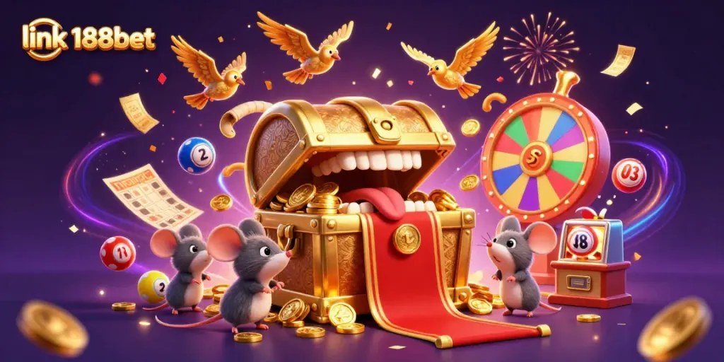 Experience the thrill of winning with link 188bet in this vibrant casino illustration packed with colorful gaming elements.