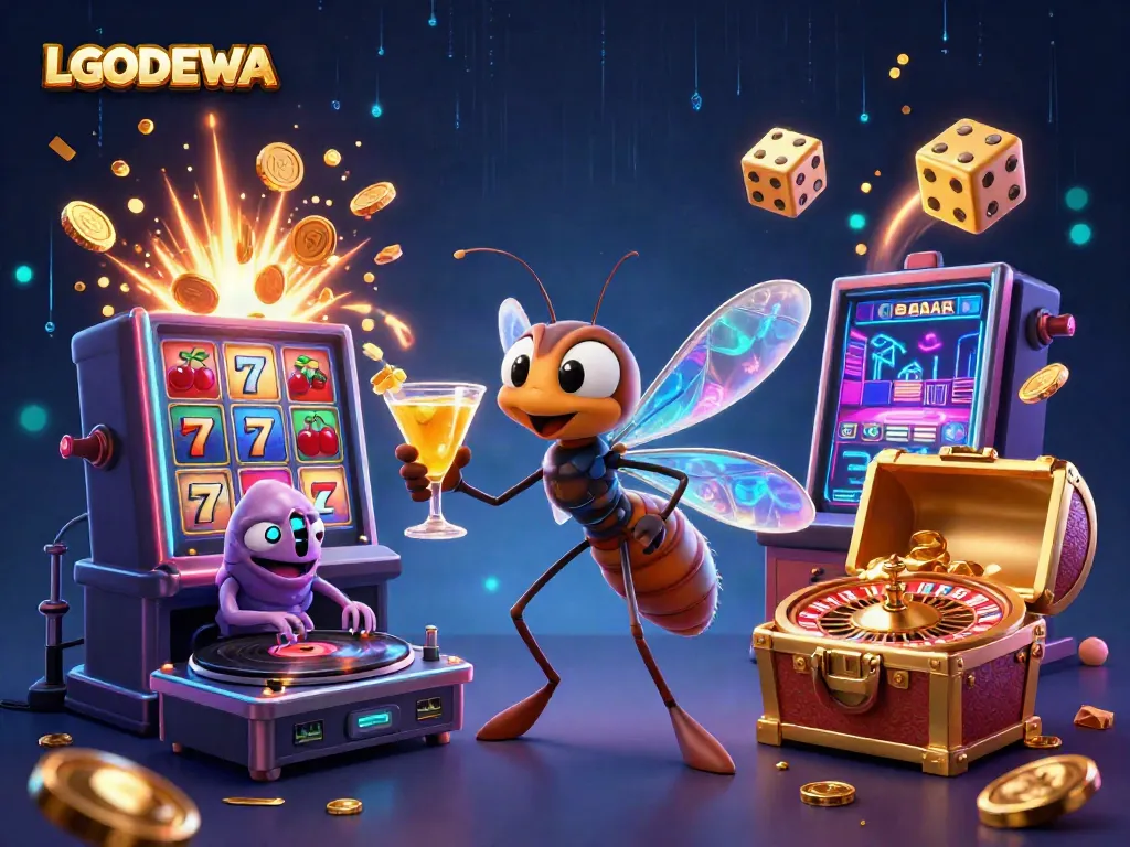 Experience LGODEWA through a vibrant casino scene featuring a frozen-in-amber mosquito mascot, trilobite DJ, and golden roulette wheel.