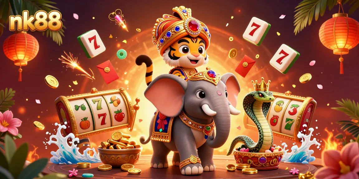 Win big at nk88 with vibrant slot reels, jewels, and festive elements in a dynamic 3D scene.