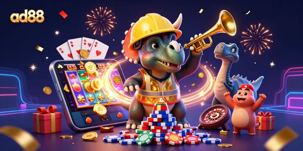 Play exciting games at ad88 with cheerful characters celebrating victory amidst casino elements.