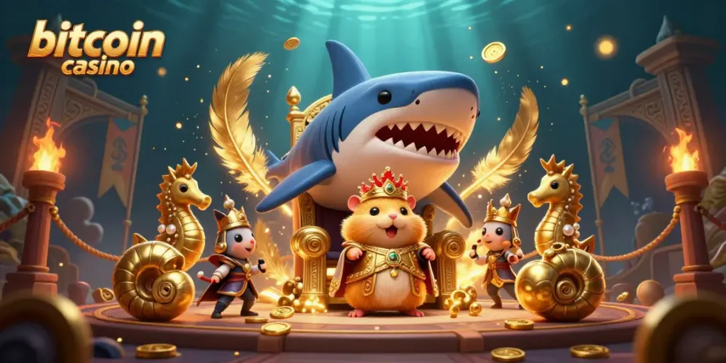 Engage in thrilling gameplay at a bitcoin casino with a vibrant underwater scene featuring a golden hamster king and seahorse guards.
