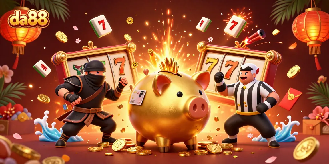 Experience da88’s dynamic gaming world with vibrant casino elements and characters in action.